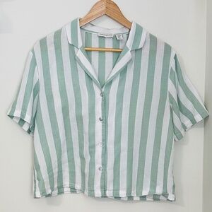 Paraphrase Women’s Short Sleeve Button Up Size M Cotton White and Mint Green